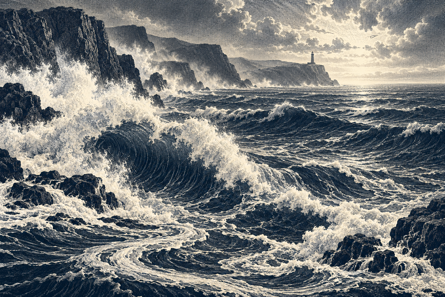 Breaking waves curve around rugged sea cliffs with a lighthouse on a distant headland, rendered in navy and ivory engraving