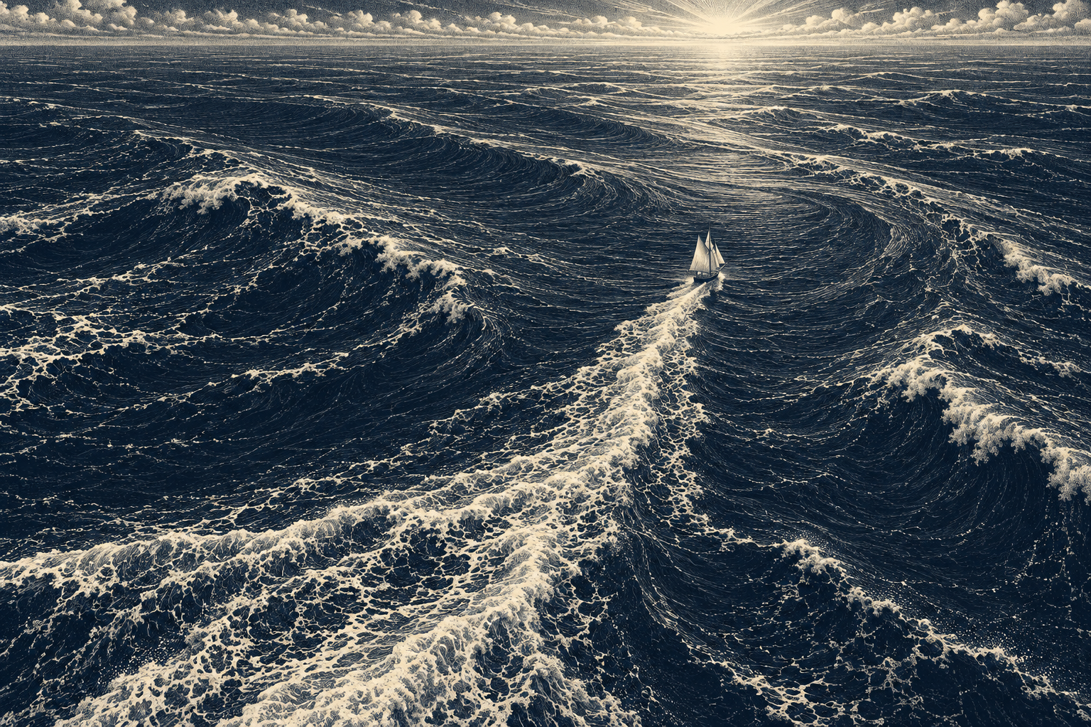 A small sailing ship and its luminous wake cross a vast sea of flowing navy and ivory swells, viewed from above